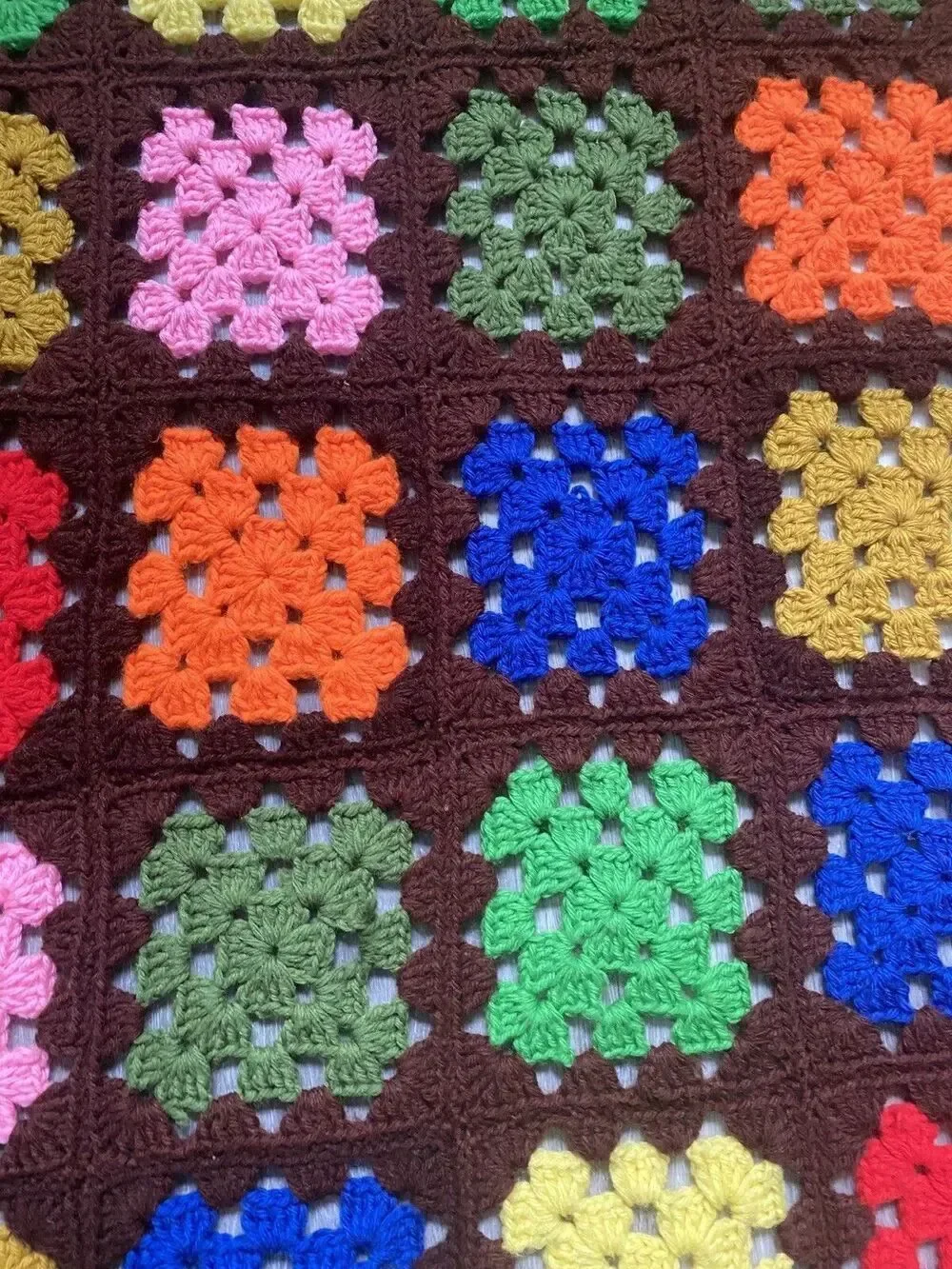 Handmade Crochet Granny Square Afghan Throw Blanket Brown Multicolor grannycore